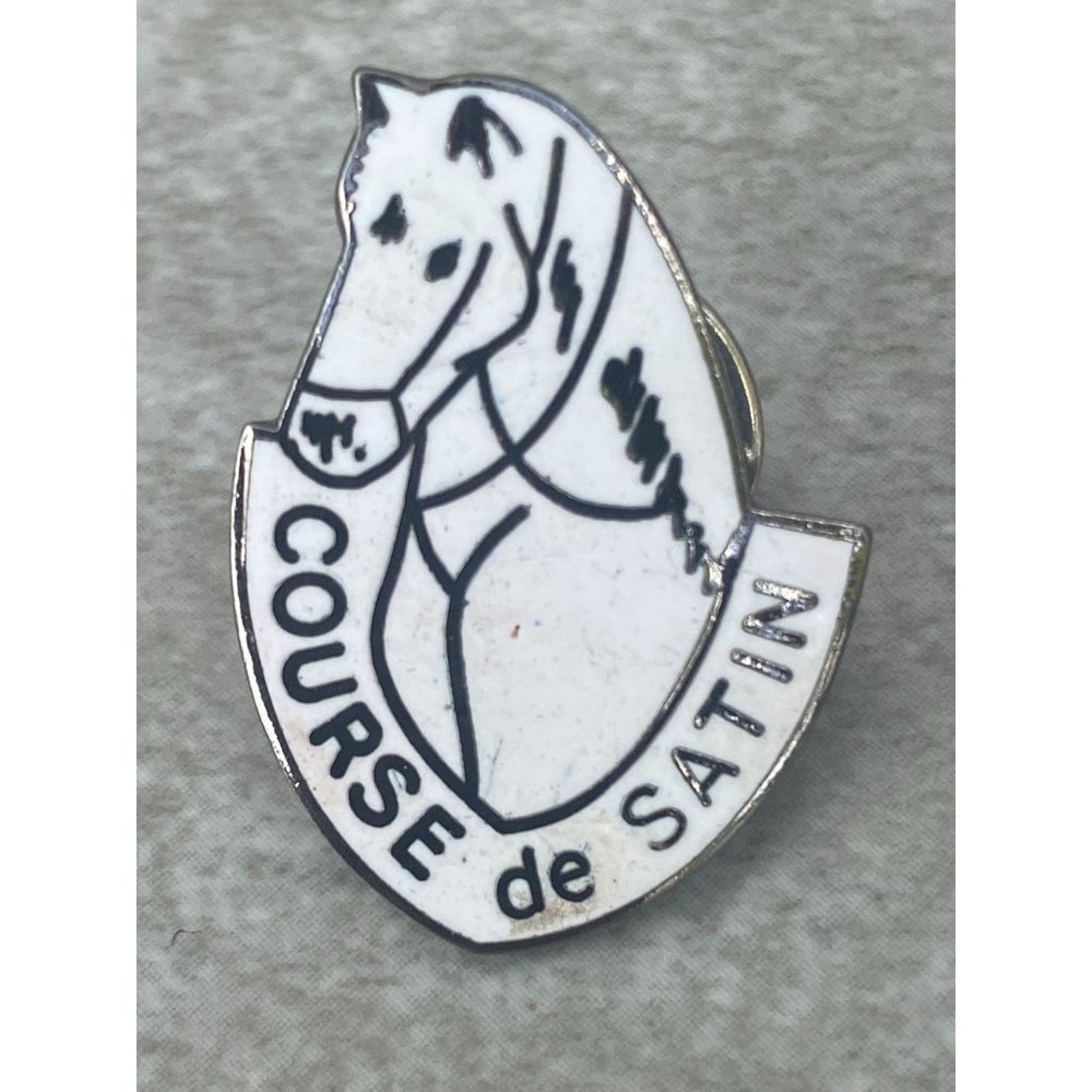 Vintage Course de Satin Horse Race Festival  Hat Lapel Pins White Stallion Signe